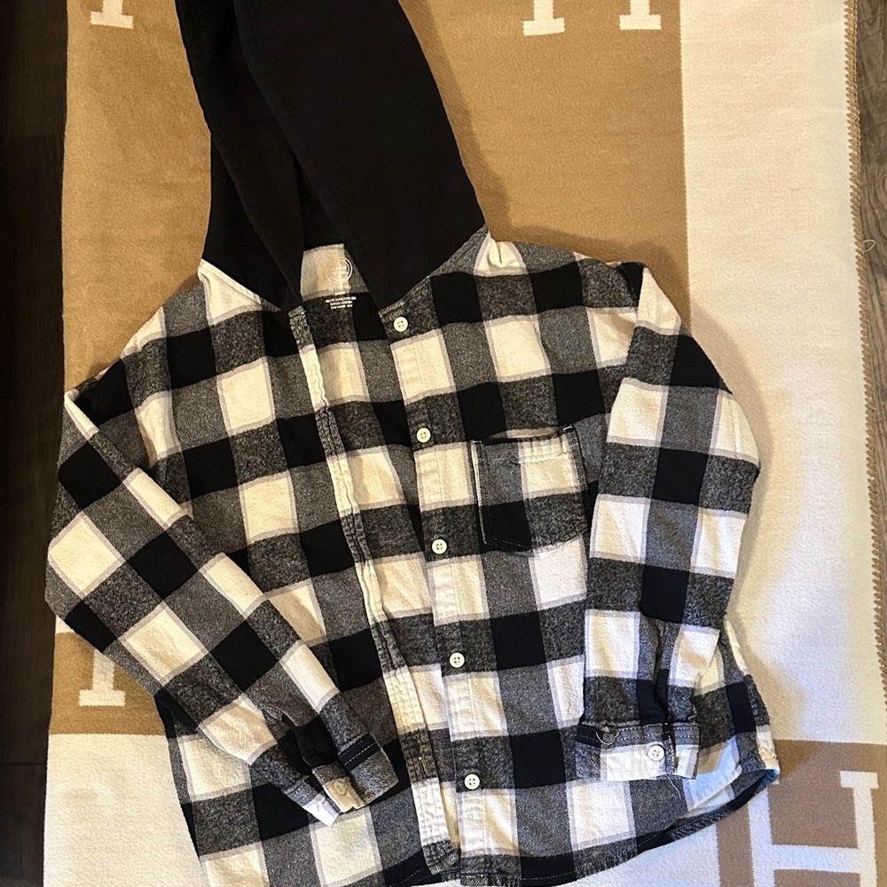 Black and White Plaid Hooded Flannel Shirt